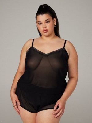 Savage X Fenty Logo-Trim Mesh Sleep Cami Black USA | 560-MWYXNP