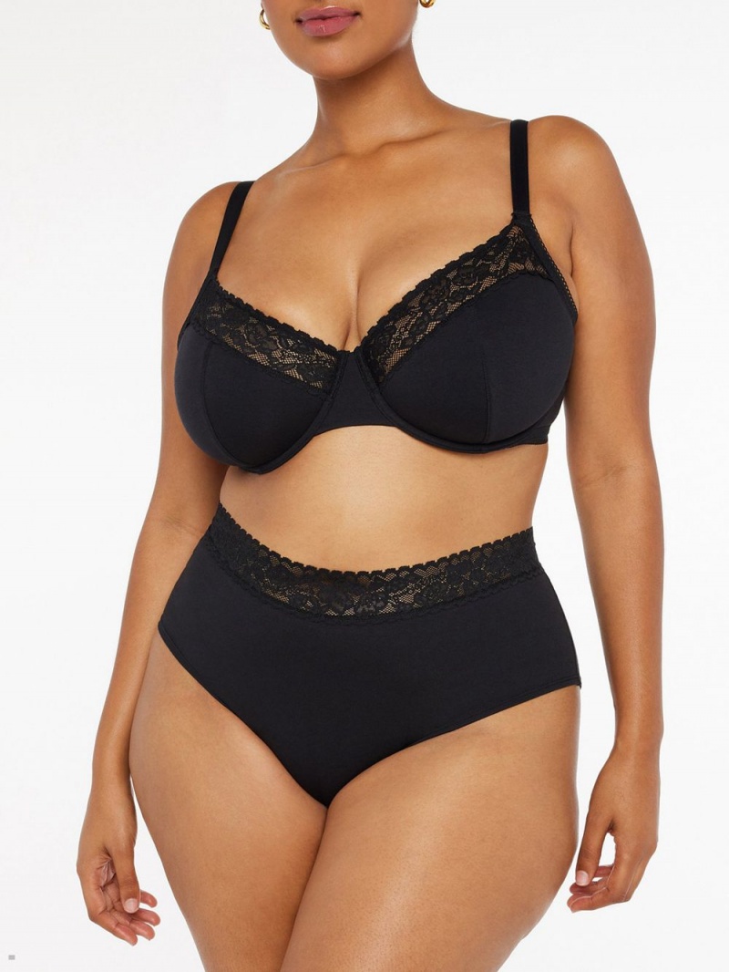 Savage X Fenty Cotton Essentials Lace-Trim Black USA | 380-VYRPSA