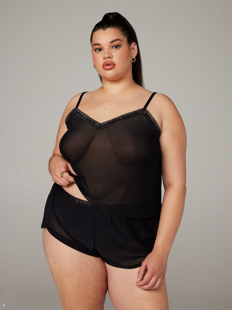 Savage X Fenty Logo-Trim Mesh Sleep Cami Black USA | 560-MWYXNP