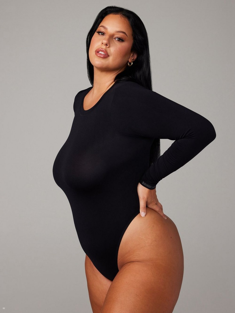 Savage X Fenty Seamless Long-Sleeve Teddy Black USA | 721-ZTJGFQ