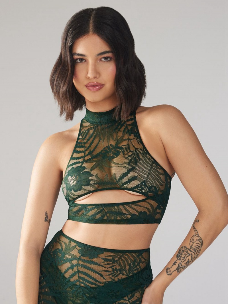 Savage X Fenty Shadowplay Lace Keyhole Crop Green USA | 683-SNBCAO